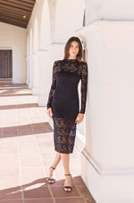 Long Sleeve Mock Neck Lace Midi Dress Black