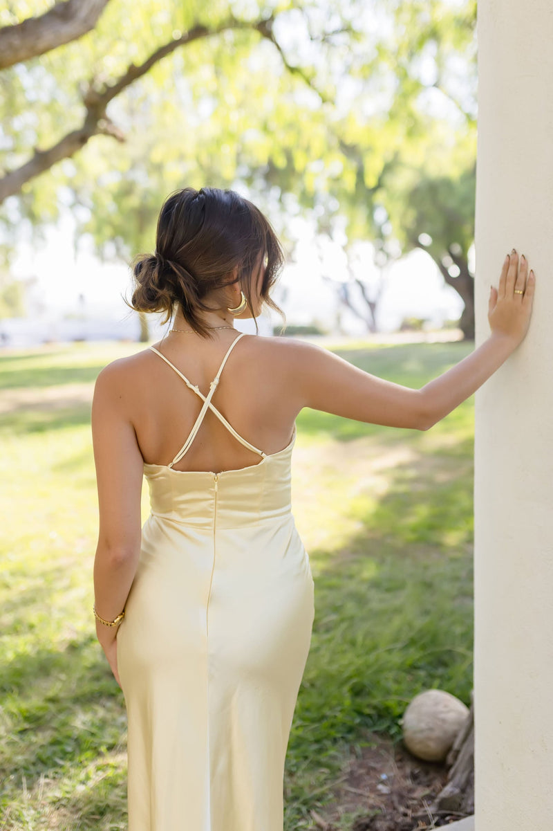 Sleeveless Lace Trim Satin Maxi Dress Yellow