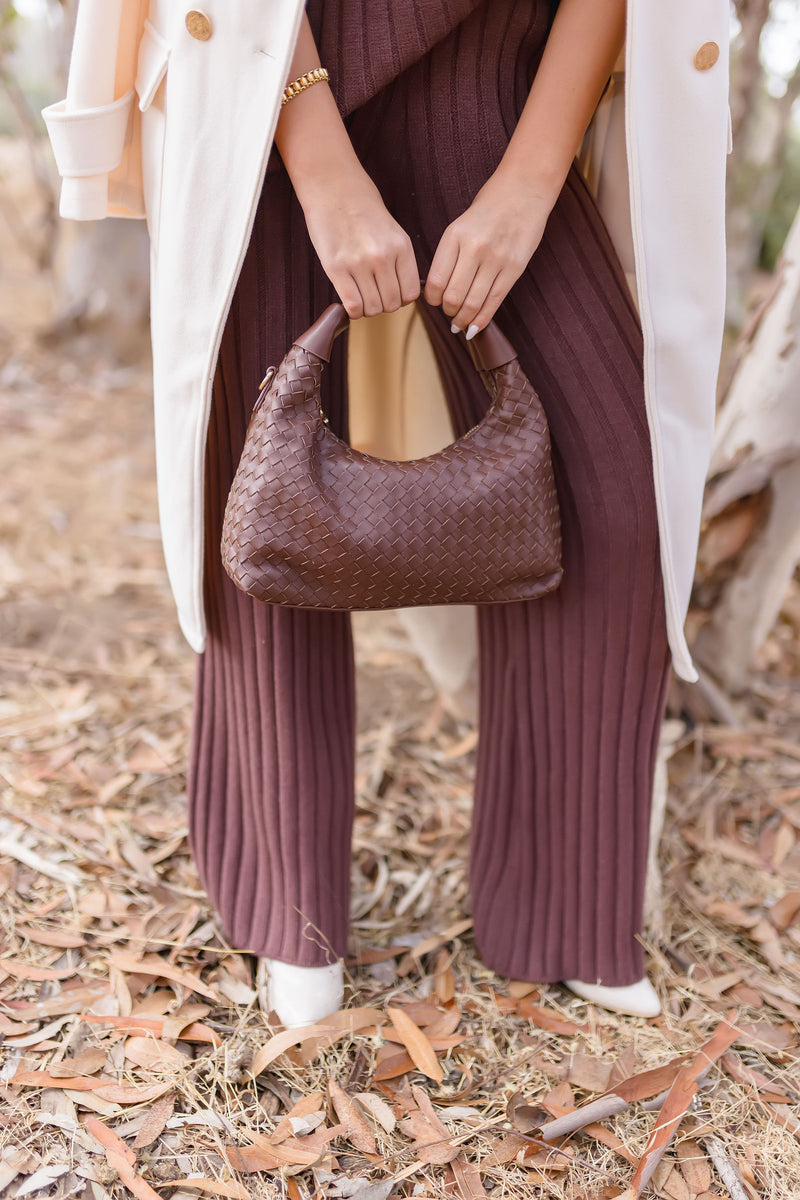 Top Handle Vegan Leather Woven Purse Brown