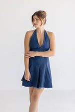 Sleeveless Halter Denim Mini Dress Dark Wash