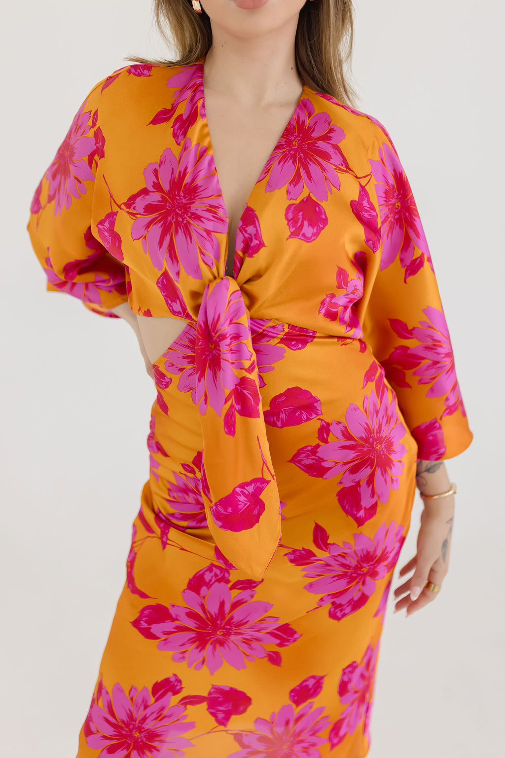 Kimono Sleeve Floral Print Cut Out Midi Dress Orange