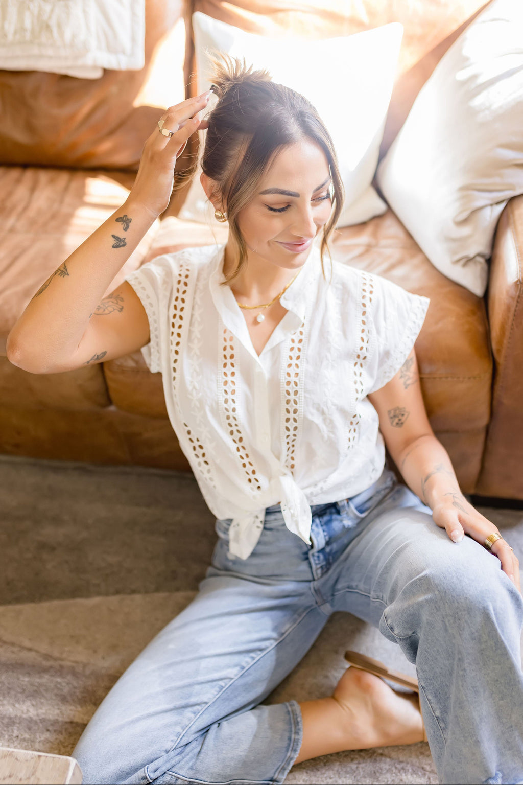 Short Sleeve Eyelet Floral Print Top White