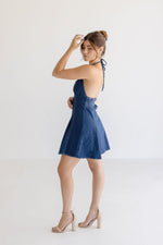 Sleeveless Halter Denim Mini Dress Dark Wash