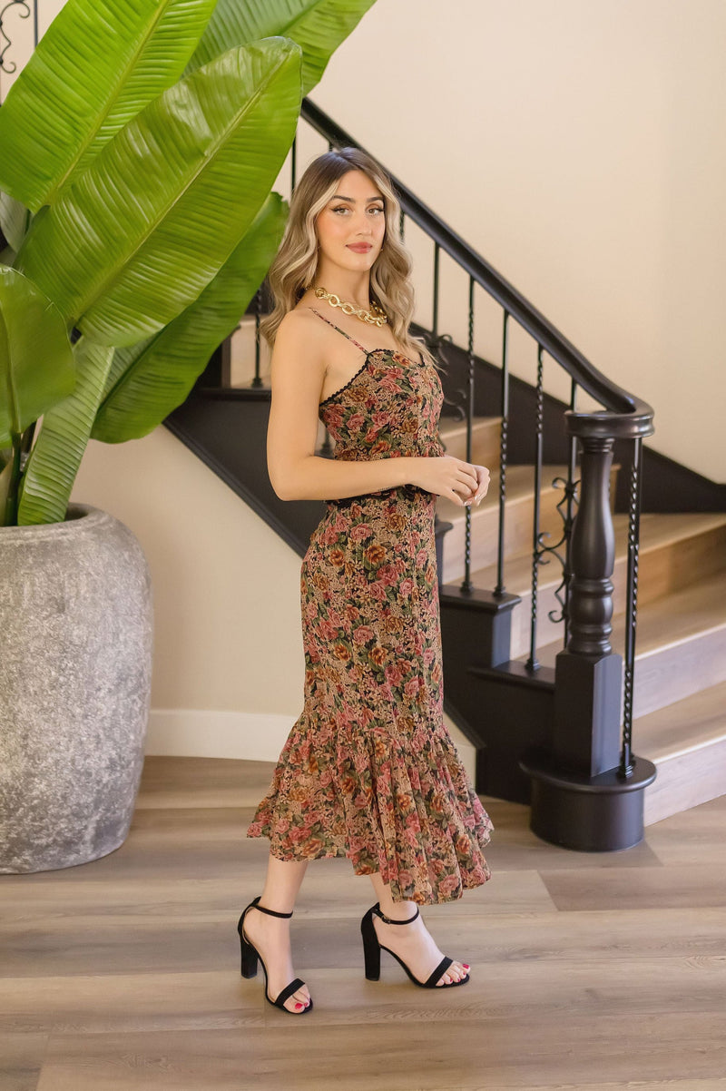 Sleeveless Ruffled Floral Print Midi Dress Rose