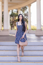 Sleeveless Eyelet Floral Print Denim Mini Dress Dark Wash