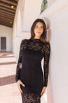 Long Sleeve Mock Neck Lace Midi Dress Black