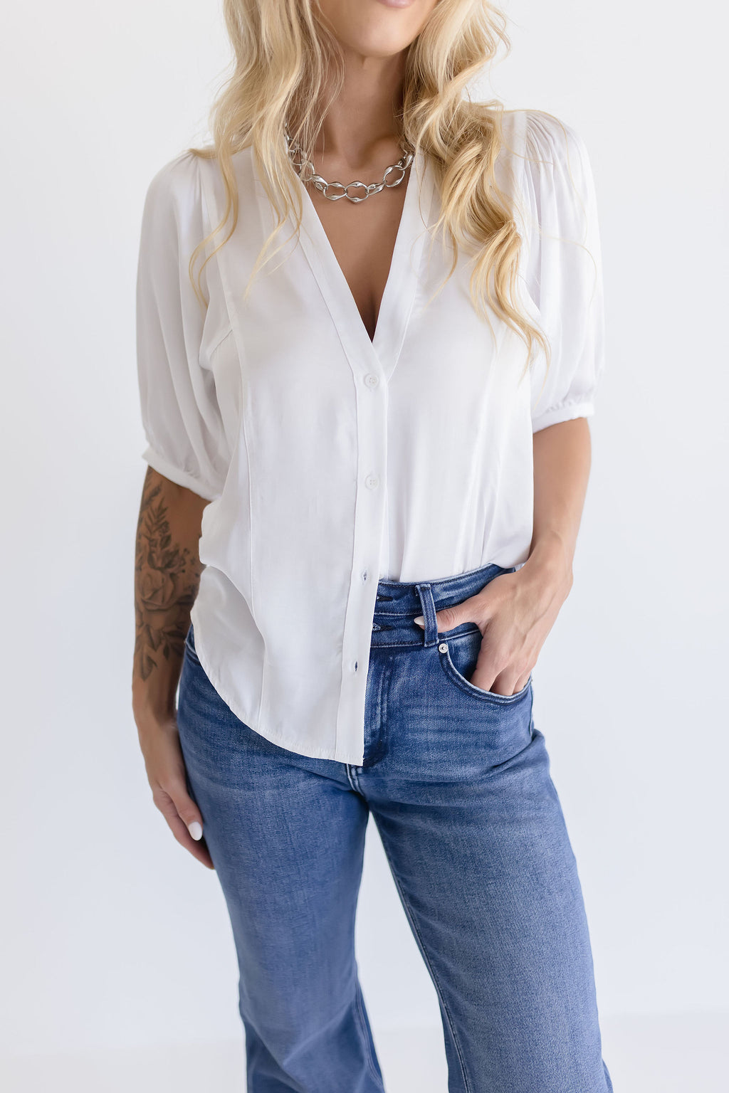 1/2 Puff Sleeve Satin Button Down Top White