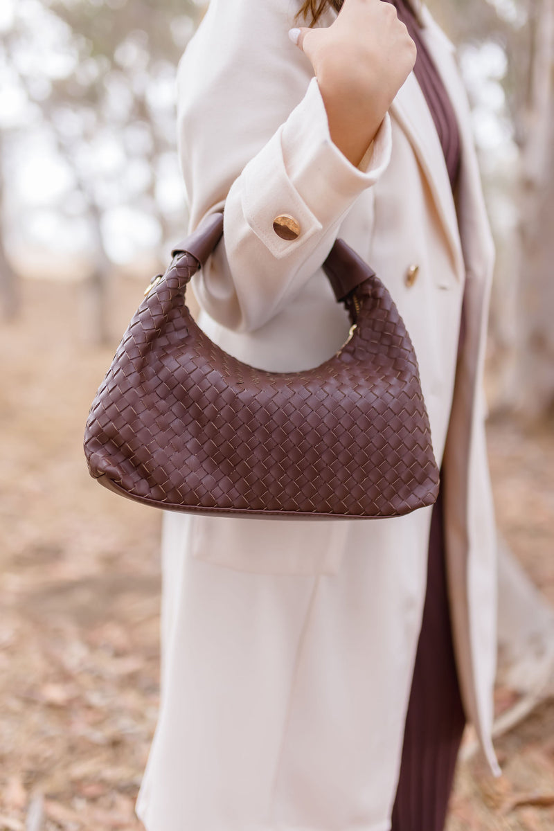 Top Handle Vegan Leather Woven Purse Brown