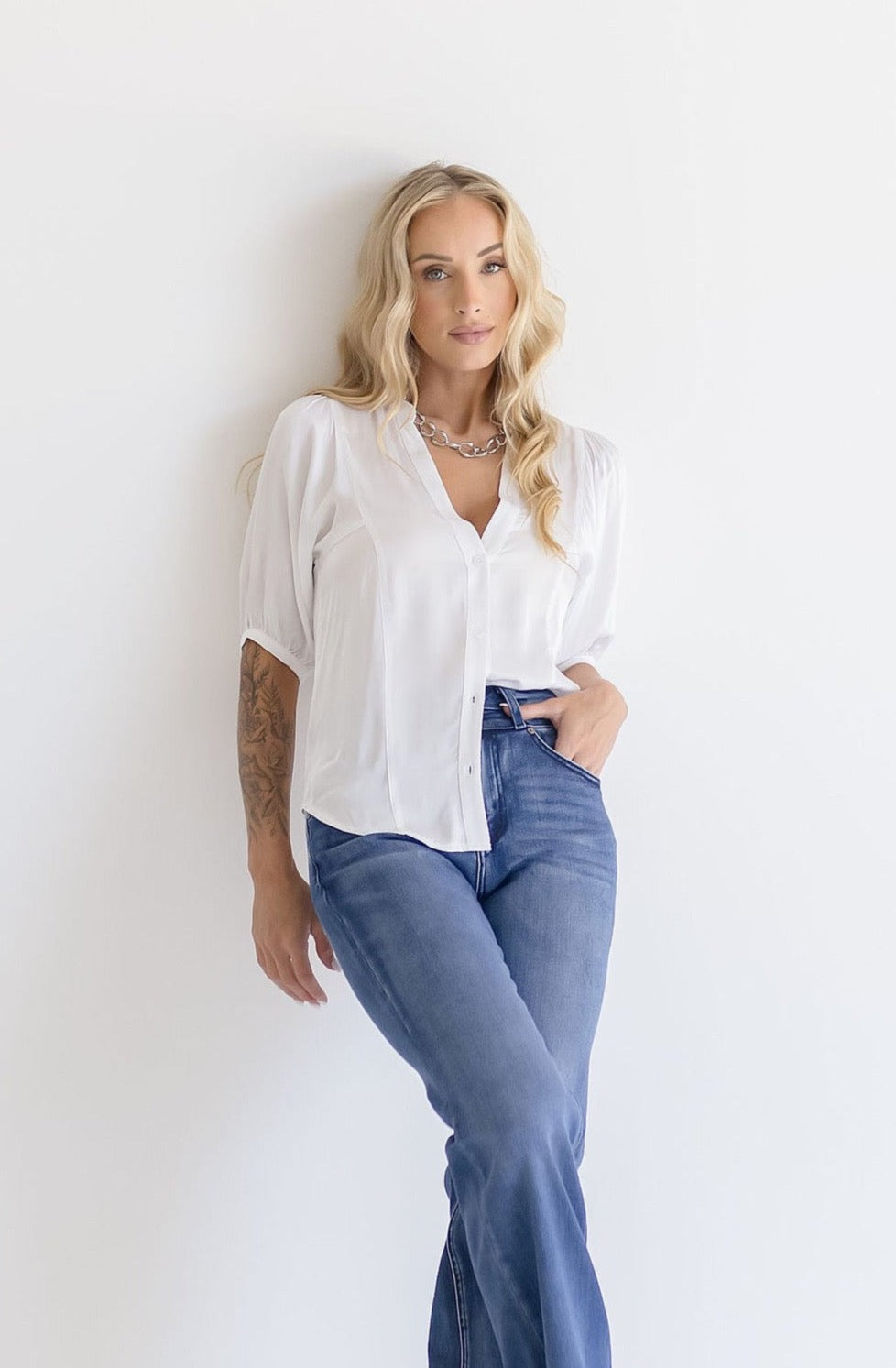 1/2 Puff Sleeve Satin Button Down Top White