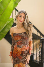 Off The Shoulder Leopard Floral Print Mesh Top And Maxi Skirt Brown