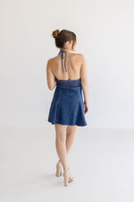 Sleeveless Halter Denim Mini Dress Dark Wash