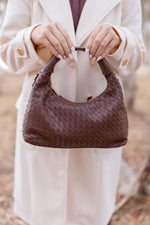 Top Handle Vegan Leather Woven Purse Brown