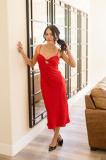 Sleeveless Chest Cut Out Satin Midi Dress Red