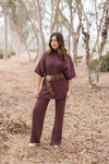 Short Sleeve Mock Neck Ribbed Sweater Top And Pants Set Brown