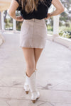 High Waist Washed Frayed Hem Denim Mini Skirt Mocha