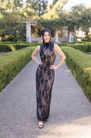  Sleeveless Mock Neck Floral Lace Maxi Dress Black