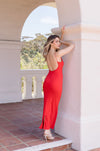 Sleeveless Low Back Stretch Linen Maxi Dress Red