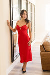 Sleeveless Chest Cut Out Satin Midi Dress Red