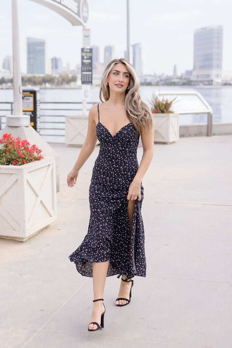 Sleeveless Asymmetrical Floral Print Midi Dress Black