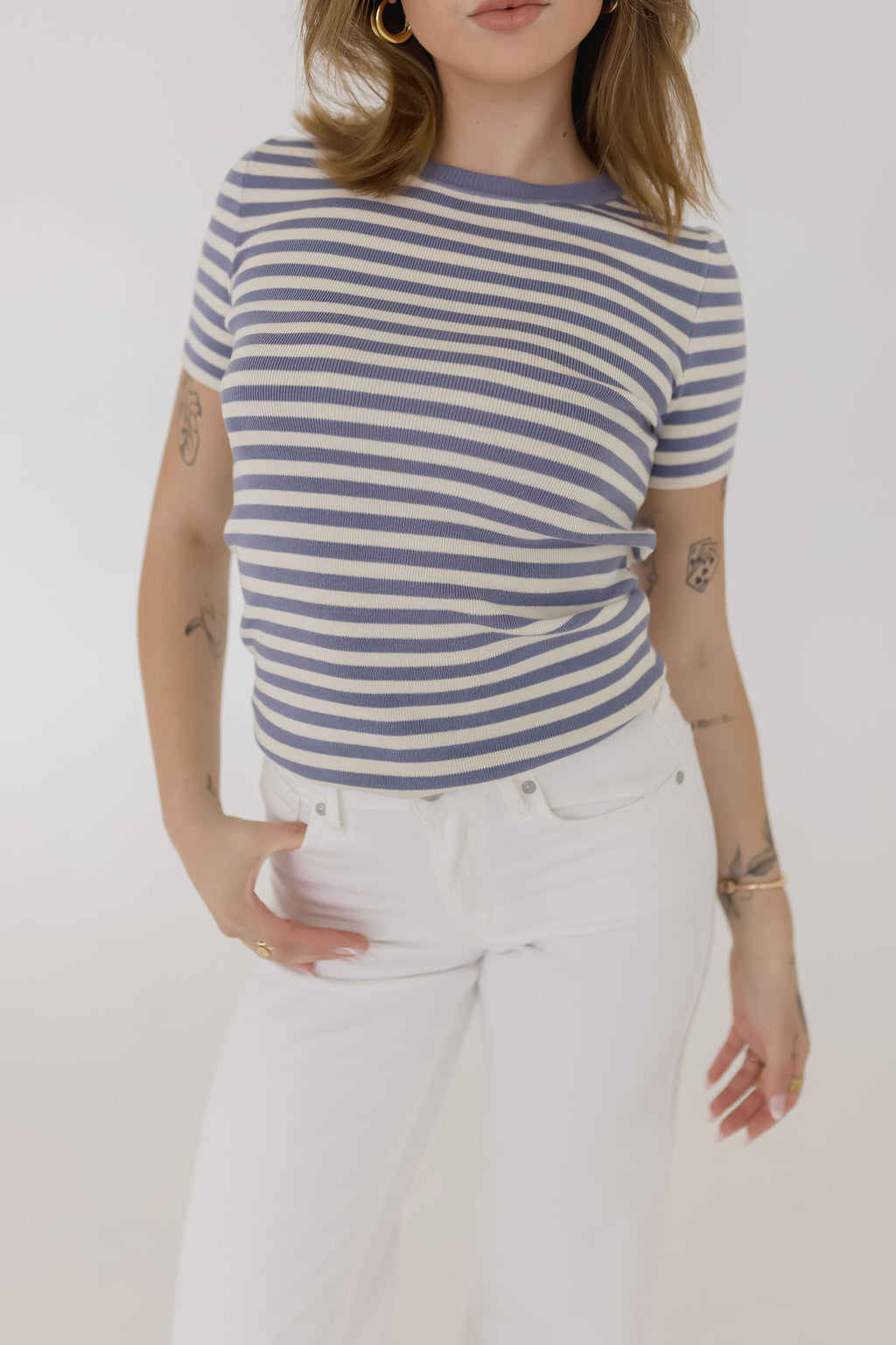 Short Sleeve Stripe Print Sweater Top Blue