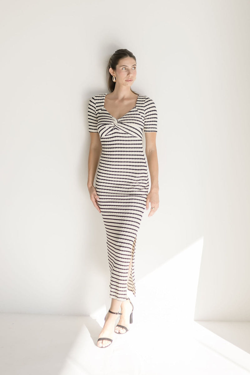 Short Sleeve Stripe Print Knit Maxi Dress Black