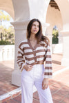 Long Sleeve Stripe Print Cropped Cardigan Taupe