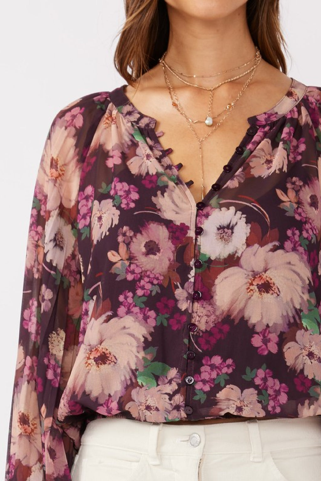 Pleated Long Sleeve Button Down Floral Print Top Violet