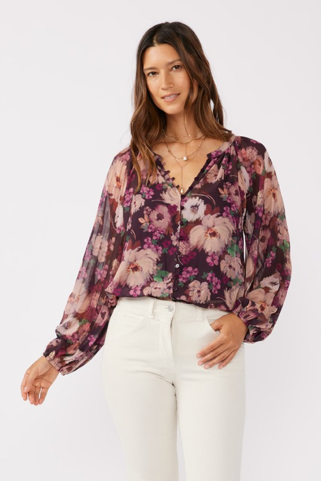 Pleated Long Sleeve Button Down Floral Print Top Violet