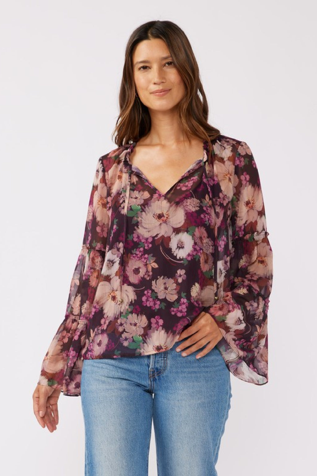 Long Bell Sleev Floral Print Top Violet