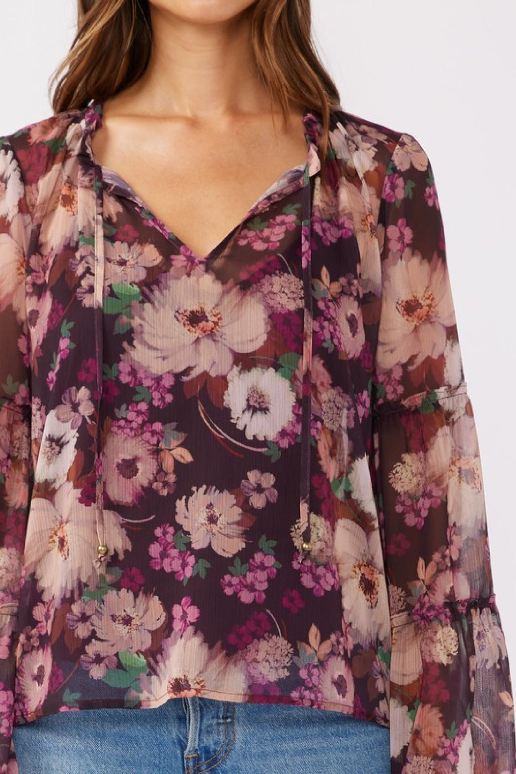 Long Bell Sleev Floral Print Top Violet