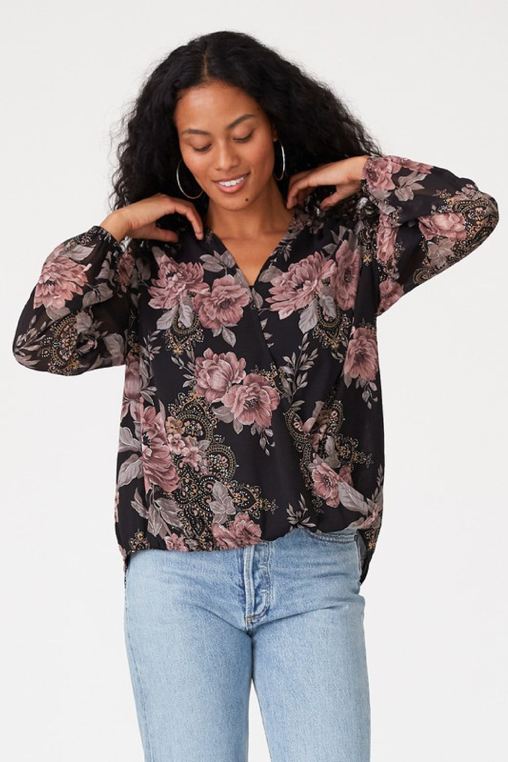 Long Sleeve Surplice Floral Print Top Black