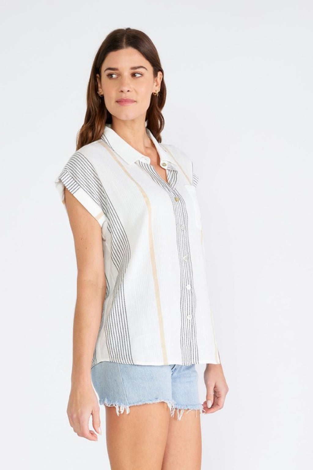 Short Sleeve Stripe Print Button Down Top White