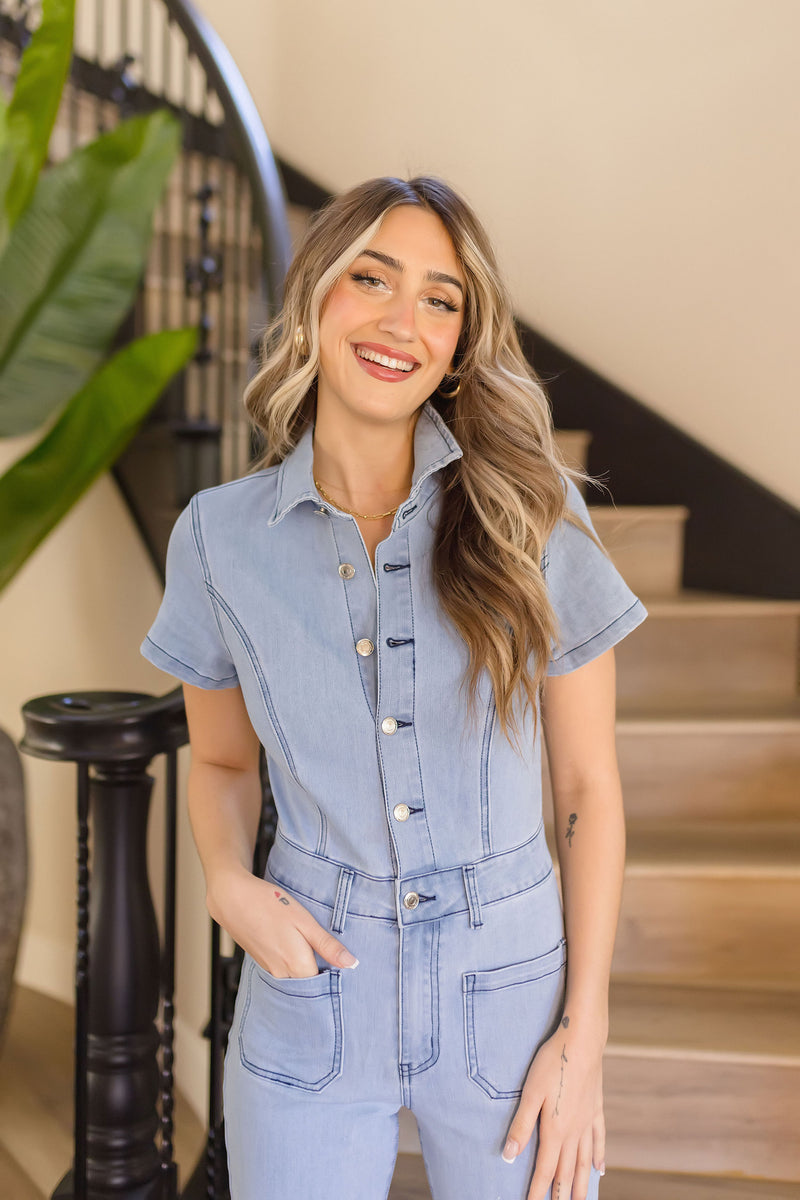 Short Sleeve Button Down Flare Leg Denim Jumpsuit Light Wash