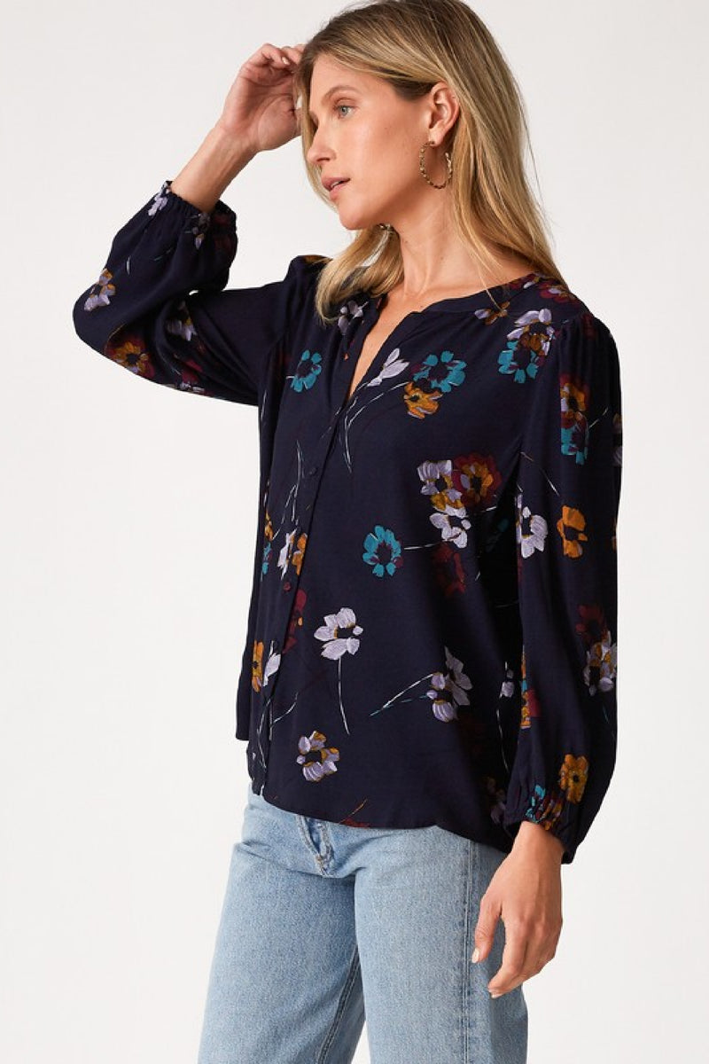 Long Sleeve Button Down Floral Print Top Navy