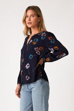 Long Sleeve Button Down Floral Print Top Navy