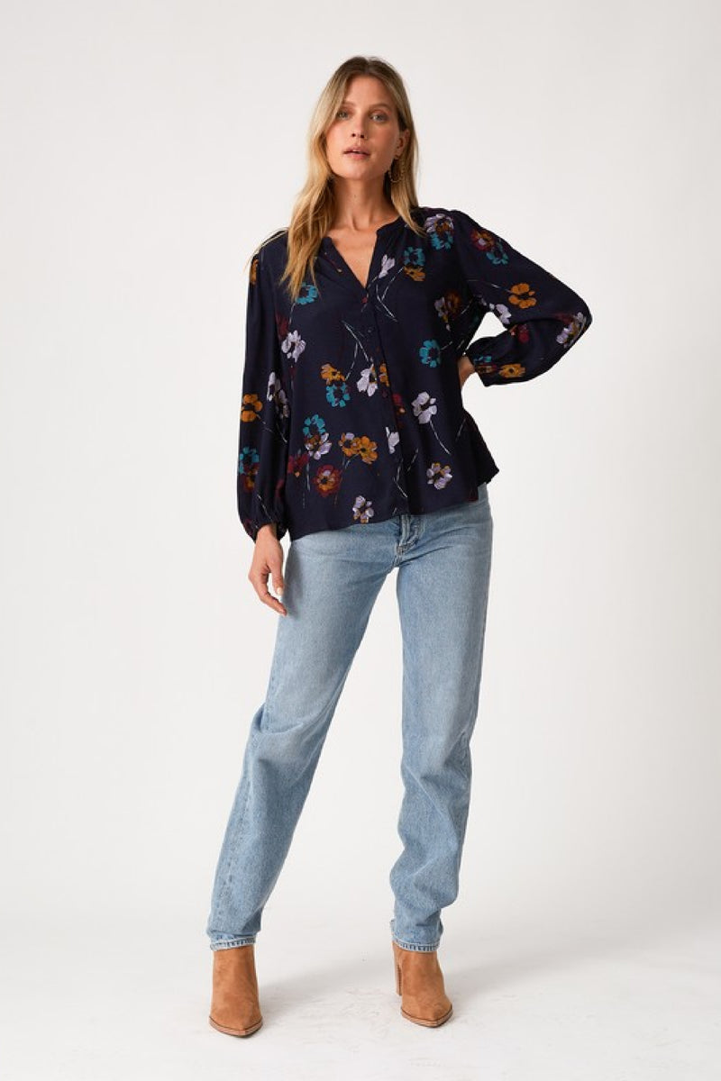 Long Sleeve Button Down Floral Print Top Navy