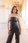 Sleeveless Vegan Leather Wide Leg Jumpsuit Black