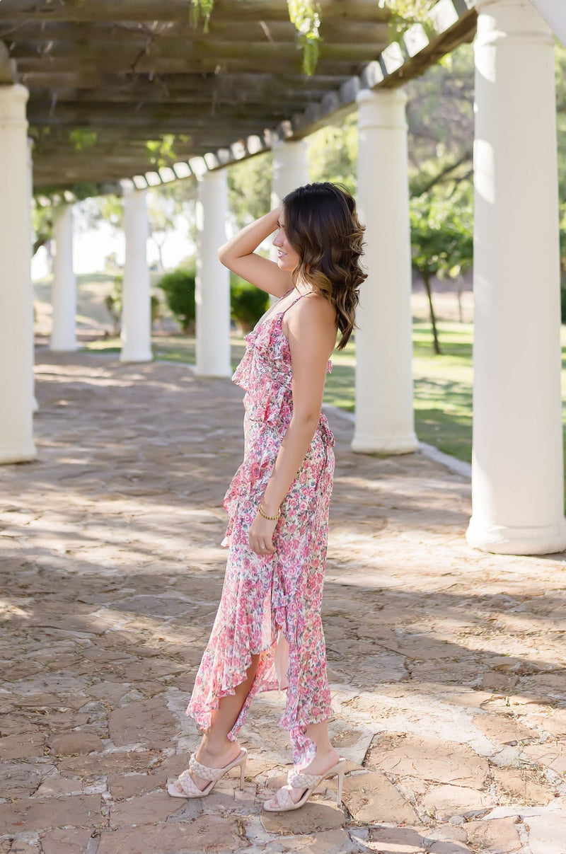 Sleeveless Cross Back Floral Print Ruffle Midi Dress Pink