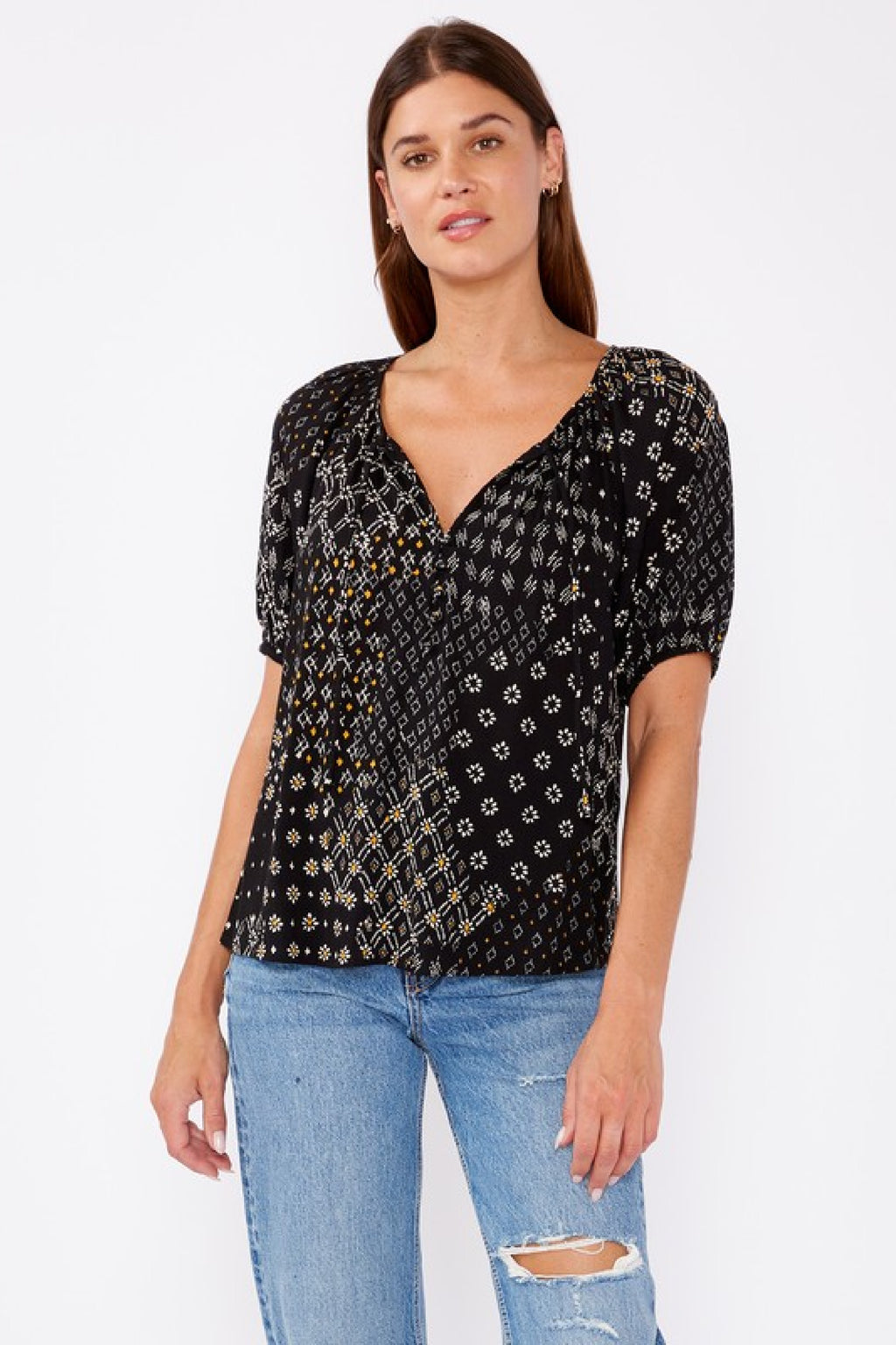 Short Puff Sleeve Abstract Print Top Black