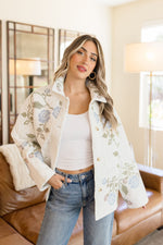 Long Sleeve Floral Embroidered Quilted Shacket White