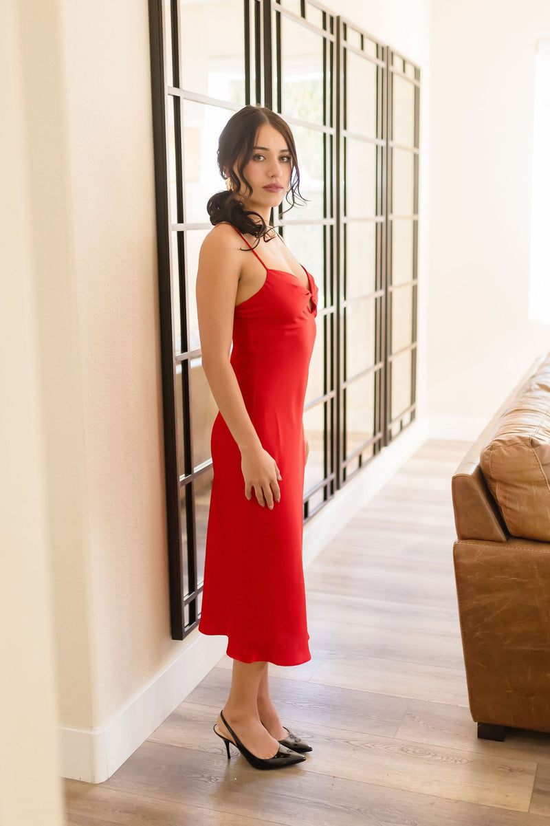 Sleeveless Chest Cut Out Satin Midi Dress Red