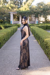  Sleeveless Mock Neck Floral Lace Maxi Dress Black