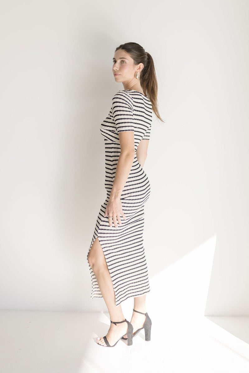 Short Sleeve Stripe Print Knit Maxi Dress Black