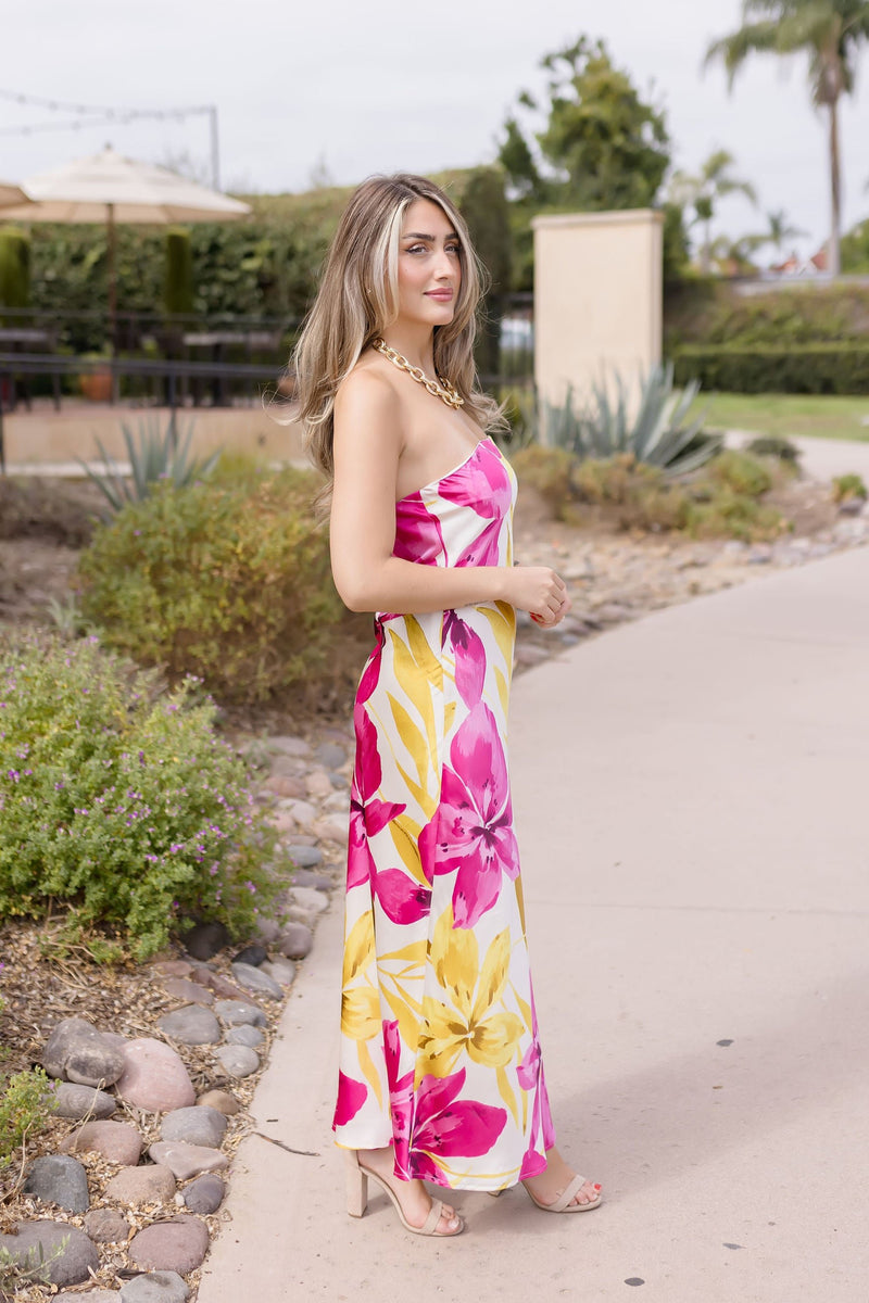 Sleeveless Floral Print Maxi Dress Fuchsia