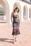 Sleeveless Floral Print Mermaid Midi Dress Black