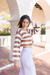 Long Sleeve Stripe Print Cropped Cardigan Taupe