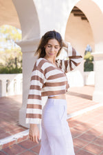 Long Sleeve Stripe Print Cropped Cardigan Taupe