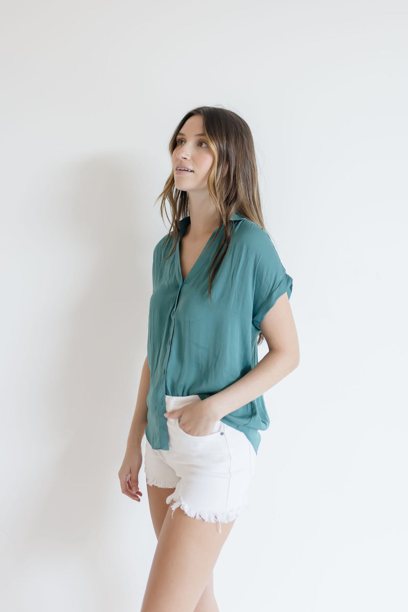 Short Sleeve Button Down Top Teal