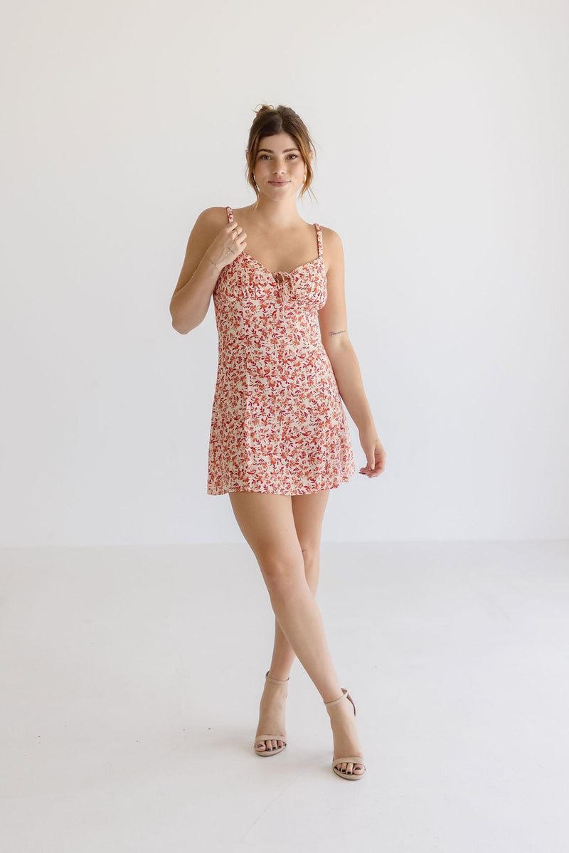  Sleeveless Front Tie Floral Print Mini Dress Rust