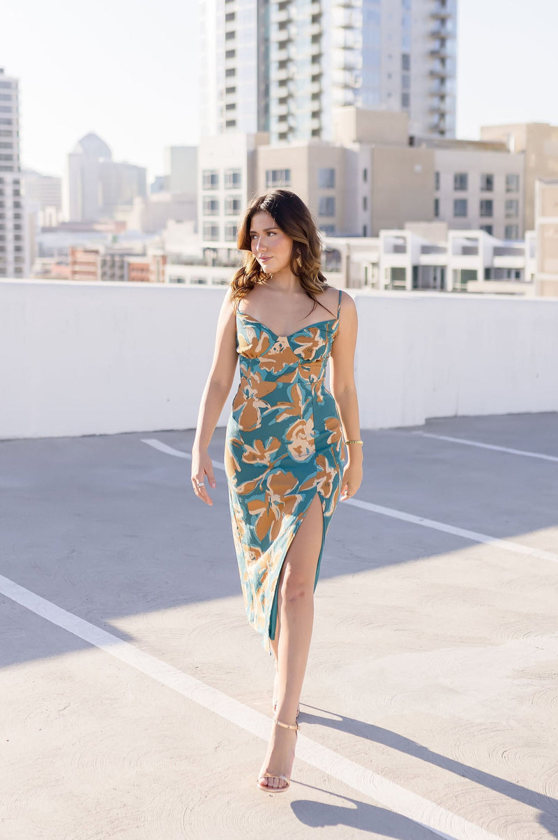 Sleeveless Tie Back Floral Print Midi Dress Teal